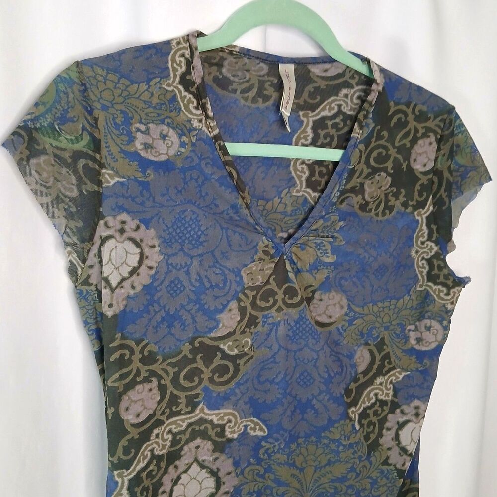 Lucy + Fiona V-Neck Blouse Short Slve Nylon Mesh Lined Fitted Top Womens Large - Picture 3 of 5